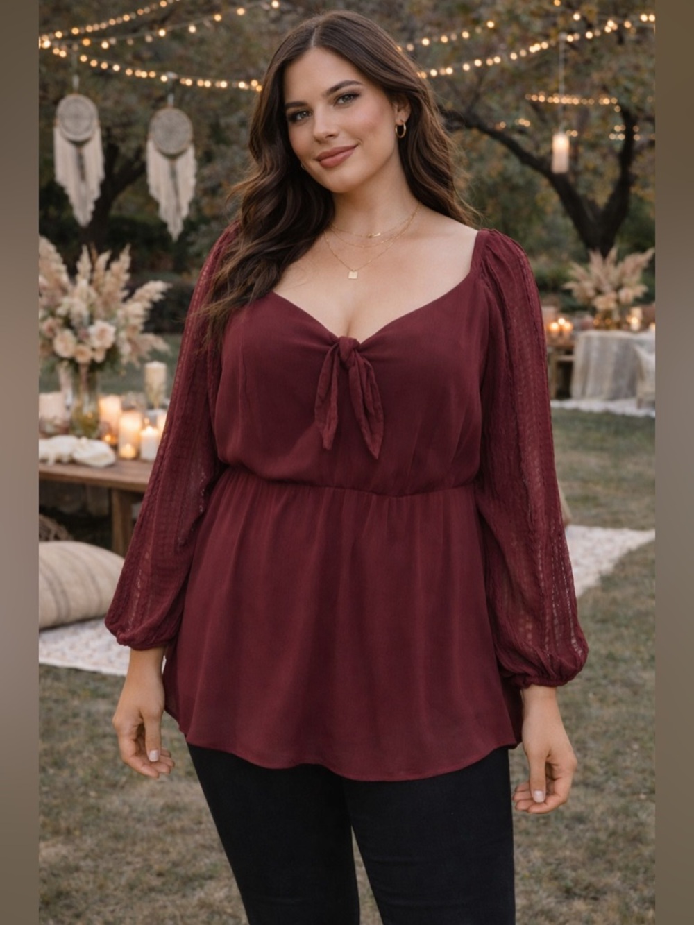 Torrid Burgundy Boho Blouse Lace Sleeve Tie Front Peasant Top 2 XXL 2XL Peasant